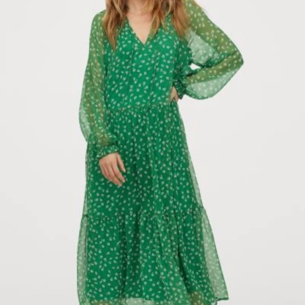 H&M Green White Ditsy Floral Print Long Sleeve Midi Dress - Picture 8 of 9